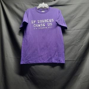 5/$30.00 Jerzees Heavyweight Blend Purple "If Zombies Chase Us" T-shirt Medium